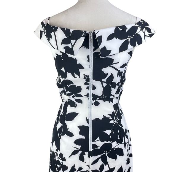 Bardot Black & White Floral Print Off the Shoulder Side Slit Midi Cocktail Dress - Picture 6 of 11